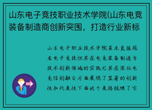 山东电子竞技职业技术学院(山东电竞装备制造商创新突围，打造行业新标杆)