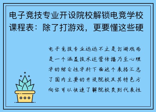电子竞技专业开设院校解锁电竞学校课程表：除了打游戏，更要懂这些硬核技能